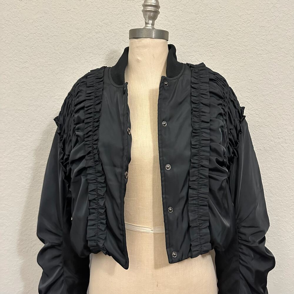 MABLE Bomber Jacket Black Lined Ruched Ruffled Cropped Relaxed Fit - Picture 3 of 11